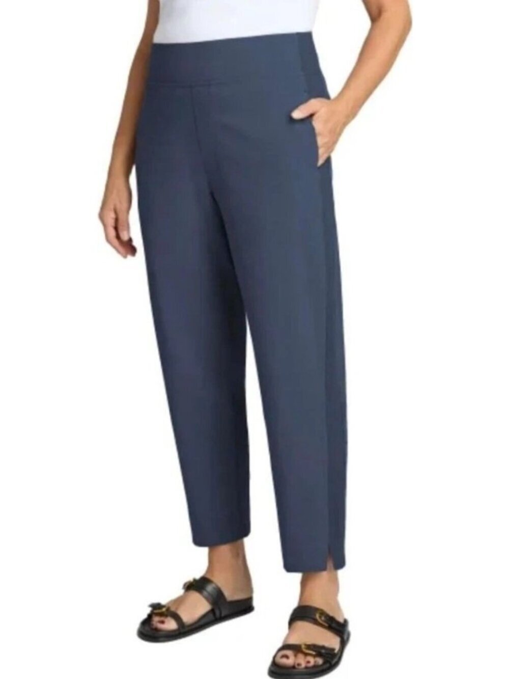 NWT Kirkland Women's L Blue Ankle Pants Stretched Pull on Rib Panel C0520
